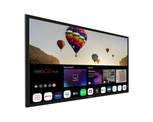 ProofVision Lifestyle Plus MX Outdoor 4K Smart TV displaying webOS Hub interface with popular streaming apps, shown on an anti-glare screen against a backdrop of hot air balloons